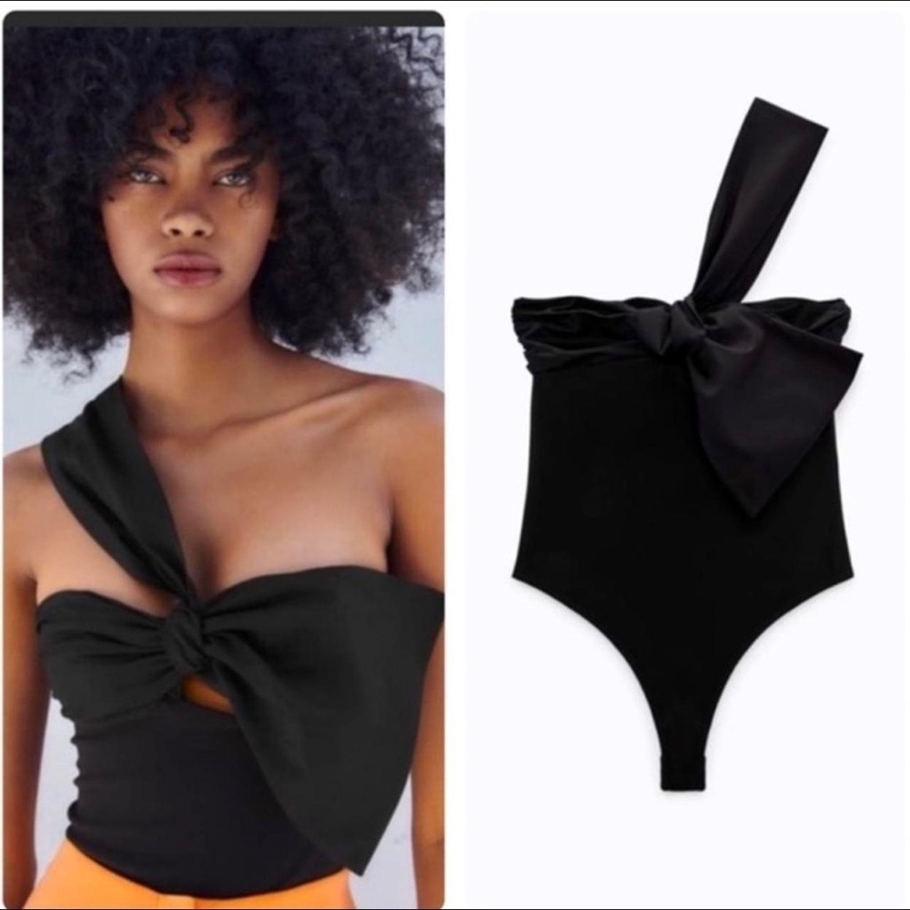 Zara Asymmetric Elegant Black Bodysuit Sz Medium